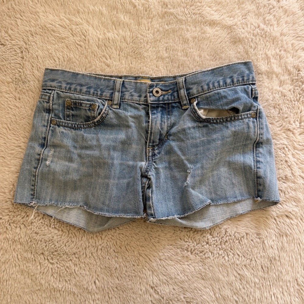 Y2K Ultra Low Waist Denim Cut Off Shorts Light Wash Blue Distressed 2000s